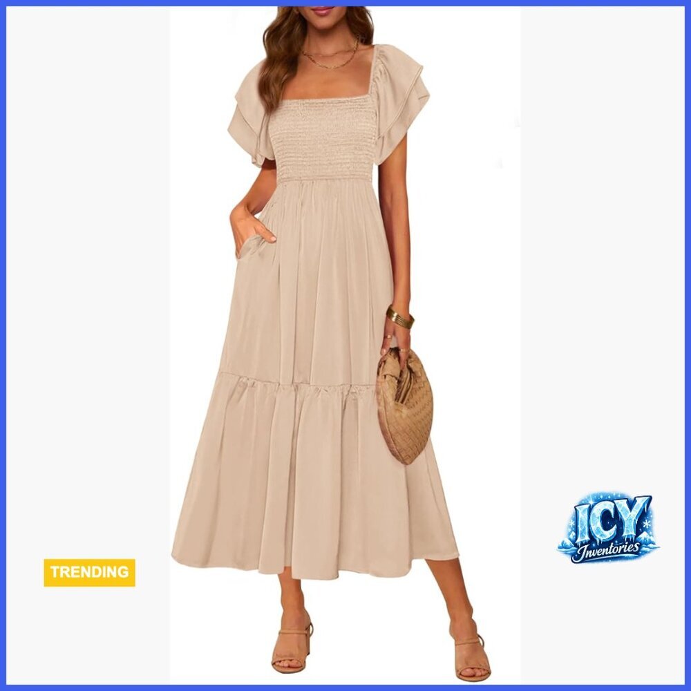 Summer Casual Midi Dress Square Neck Ruffle Short Sleeve Smocked High Waist